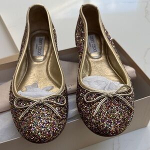 Jimmy Choo Multicolor Glitter Flats with Gold Trim